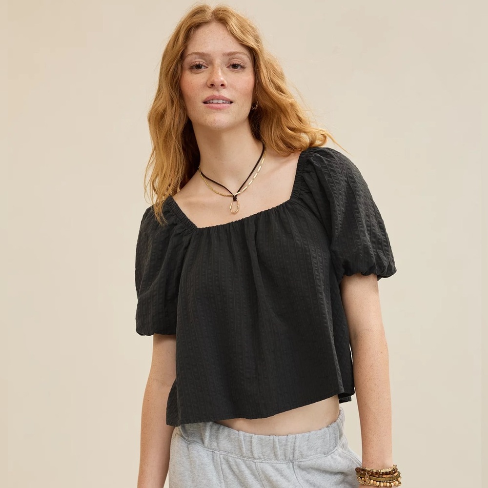 NWT Off the Shoulder Seersucker Puff Sleeve Aerie A Line Top Smoked Gray Large
